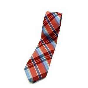Ben Sherman Mens Tie Necktie Multicolor Red Blue Plaid Skinny Woven Cotton 068
